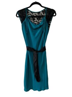 Falls Silk Belted Midi Dress Green & Black Lace Panel 0